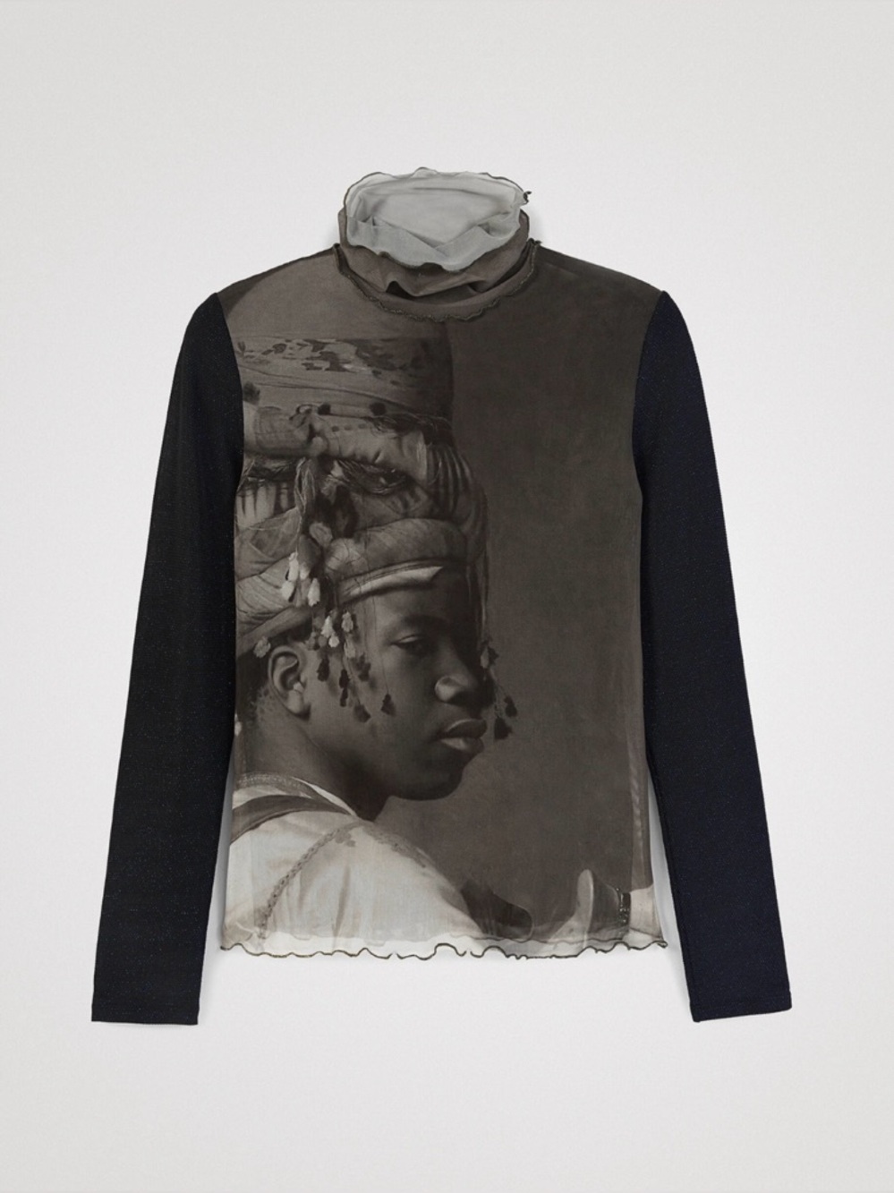 ❤️ DESIGUAL Sheer Mesh Art Print Long Sleeve Top – High Neck – Unique Graphic